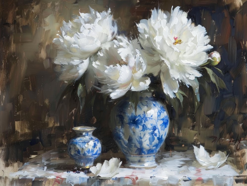 White Peonies In A Blue Vase