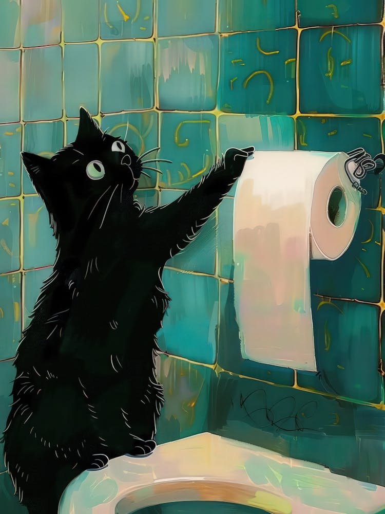 Bathroom Black Cat Toilet Paper Print Funny