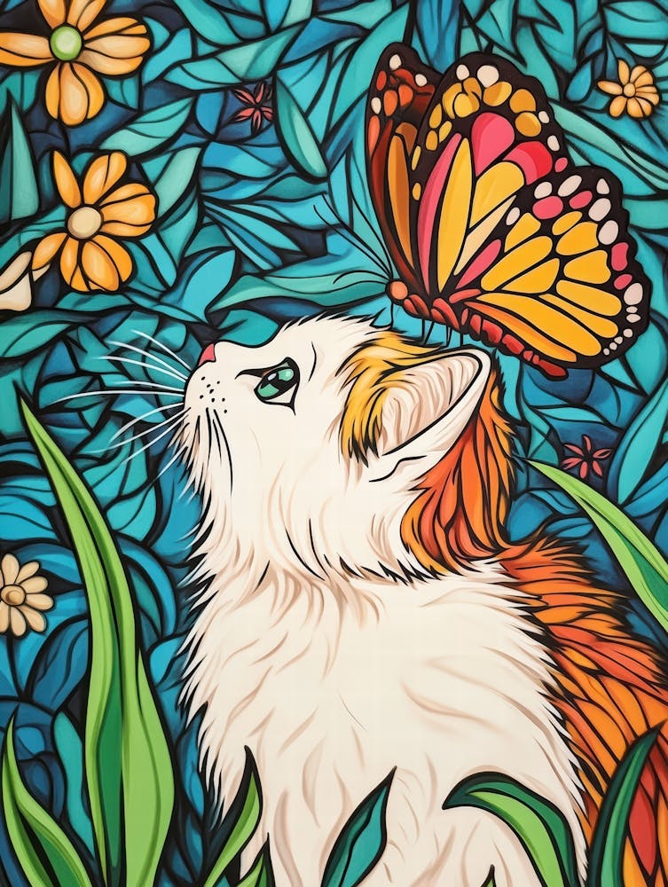 Cat With Butterfly.Generated AI. Wall 1