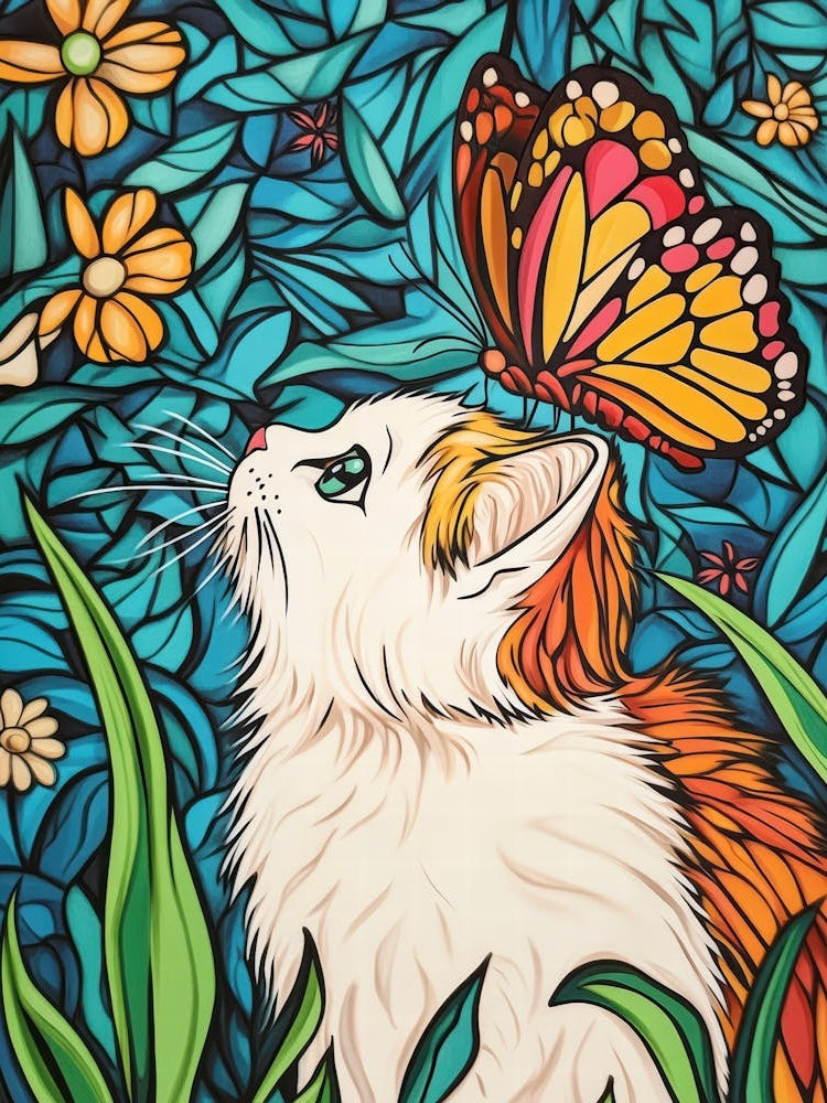 Cat With Butterfly.Generated AI. Wall 1