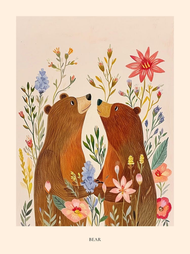 Folksy Floral Animal Drawing Bear 6 Poster