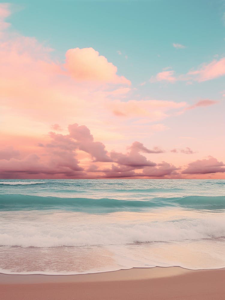 A Blue Ocean And Beach At Sunset With Waves Pink Photography 2