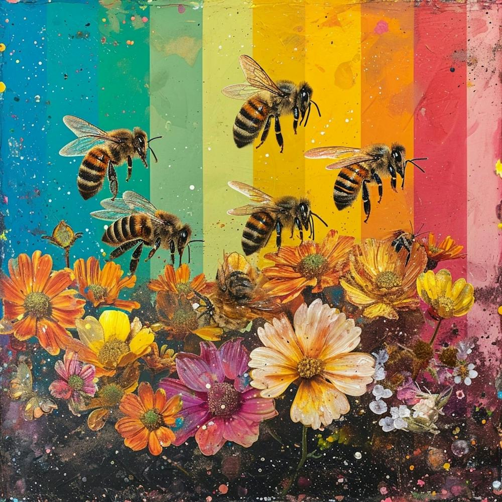 Regenbogen Blumen-Bienen-Collage 1