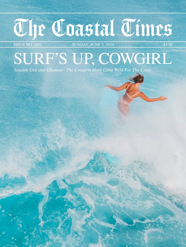 Surfs Up Cowgirl Newspaper - White Text