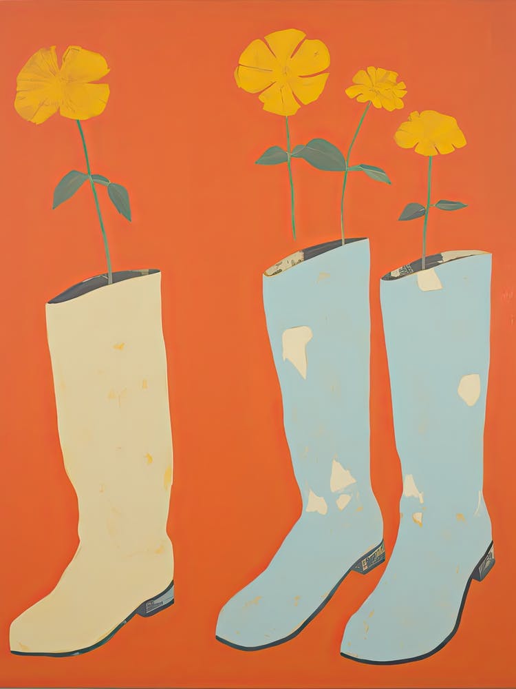 A Painting Of Cowboy Boots With Yellow Flowers, Pop Art Style 7