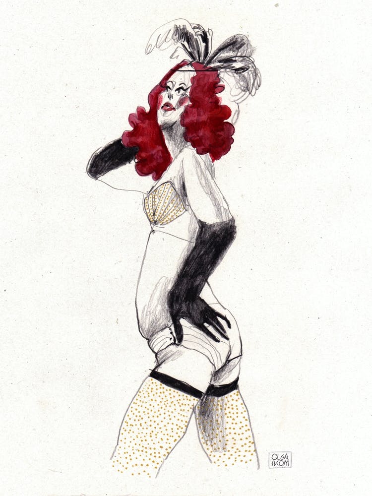 Hand pencil drawing of beautiful burlesque woman