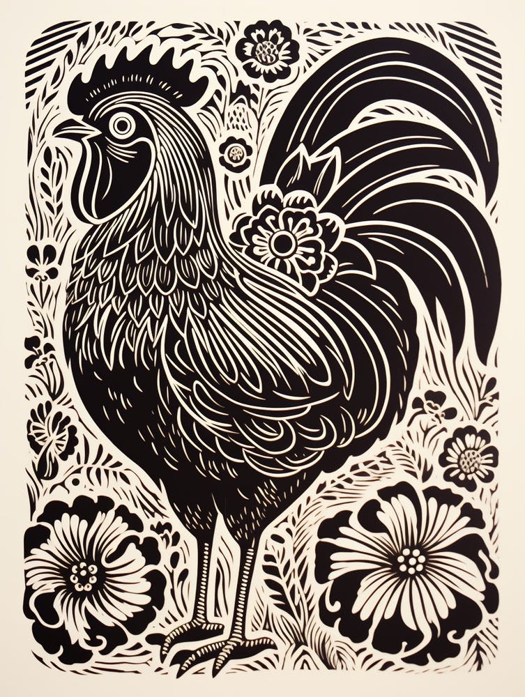 B&W Bird Linocut Chicken 4