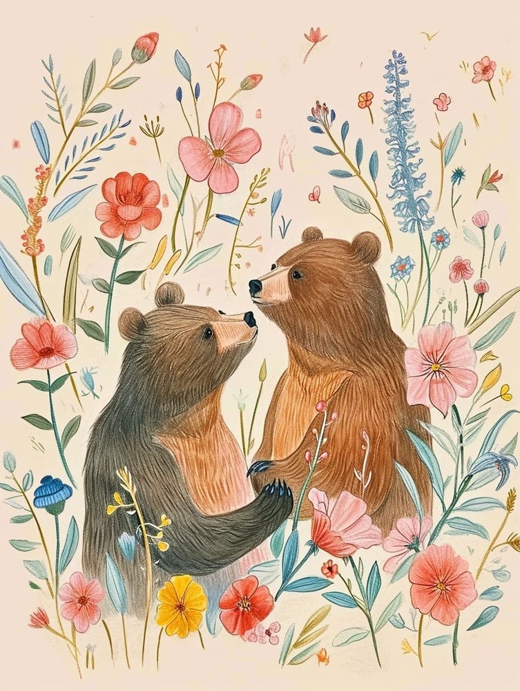 Folksy Floral Animal Drawing Bear 9