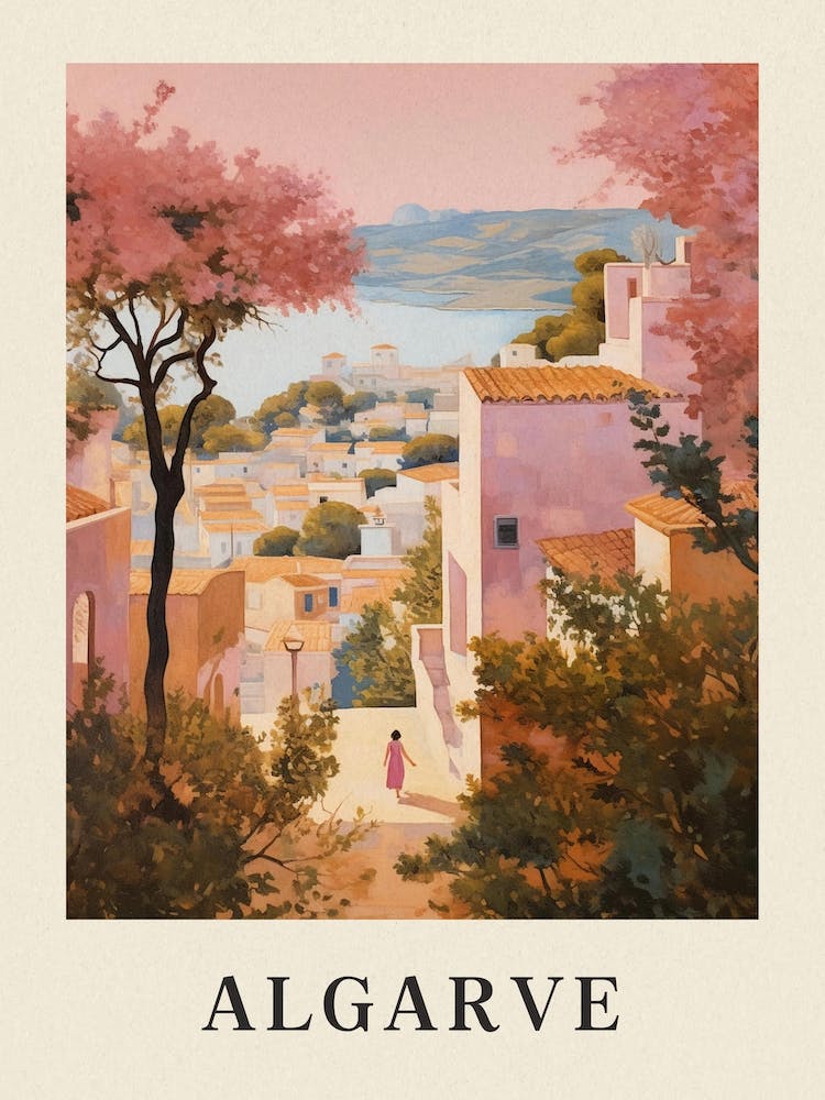 Algarve Portugal 1 Vintage Pink Travel Illustration Poster
