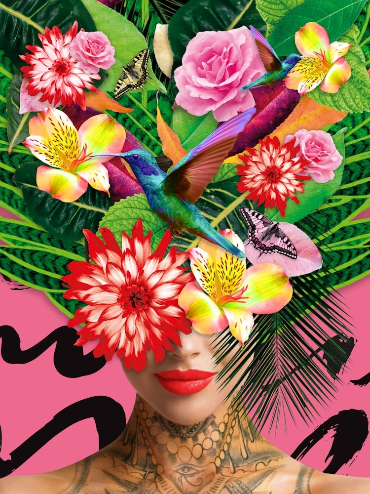 ***Mother Nature With Humming Bird Flowers And Tattoo In Pink, Portrait of a Woman, Tropical