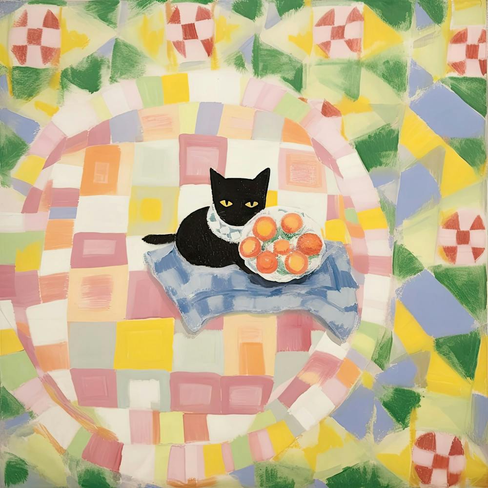 Pastel Colours Black Cat In A Picnic Blanket 1