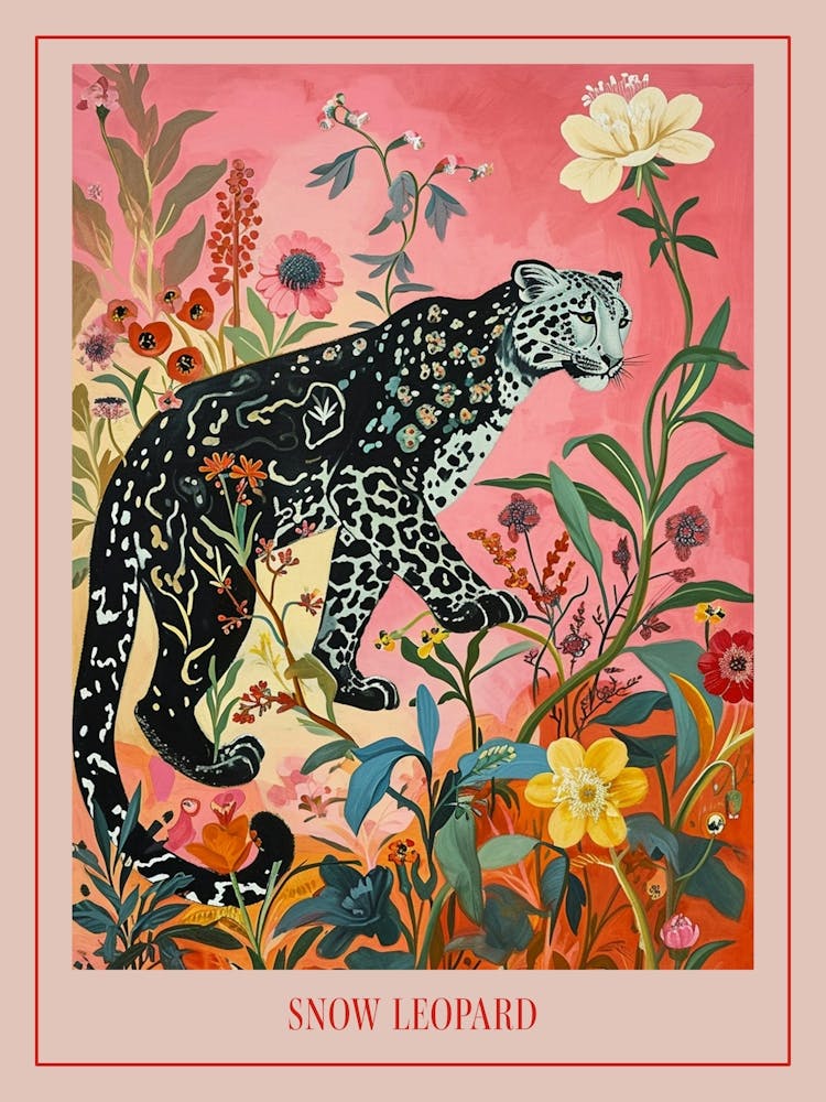 Floral Animal Painting Snow Leopard 1 Poster