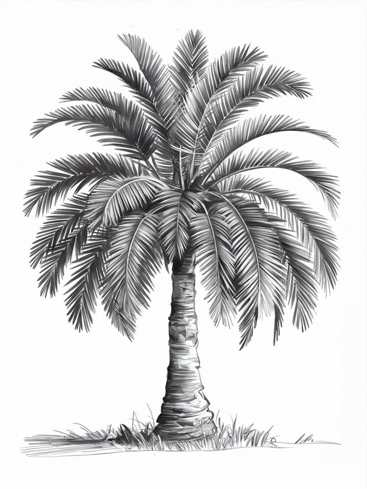 Pencil Sketch Art: A detailed palm tree with a thick trunk and arching fronds, shaded intricately, showcasing minimalist elegance.
