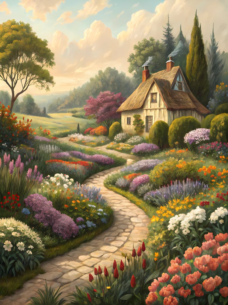 A Patchwork of Gardens with a Charming Cottage Oil Painting Style