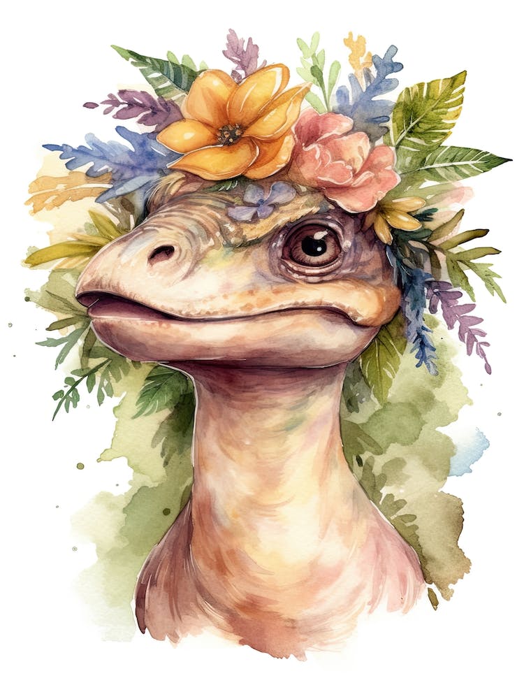 Velociraptor With A Crown Of Flowers Cute Dinosaur Watercolour 4