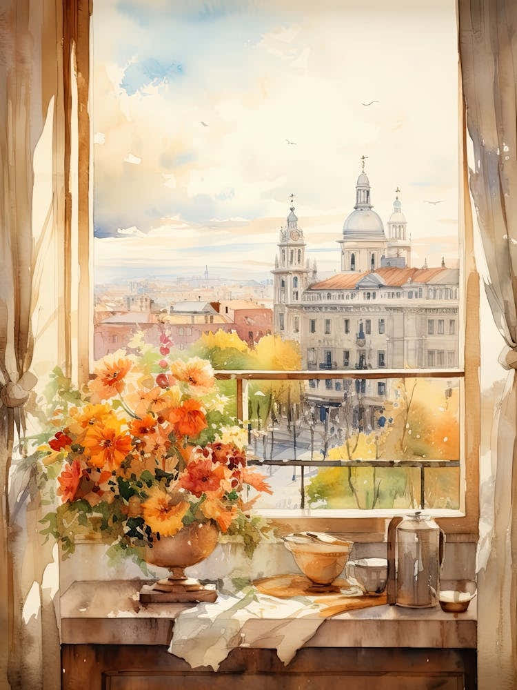 Window View Of Madrid Spain In Autumn Fall, Watercolour 2