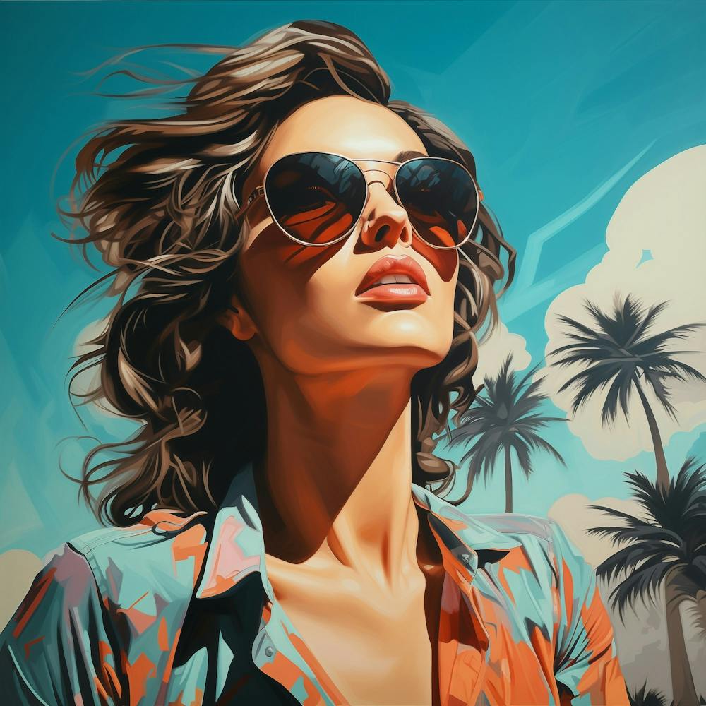 Portrait Frau mit Sonnenbrille, Vintage Kalifornien Illustration