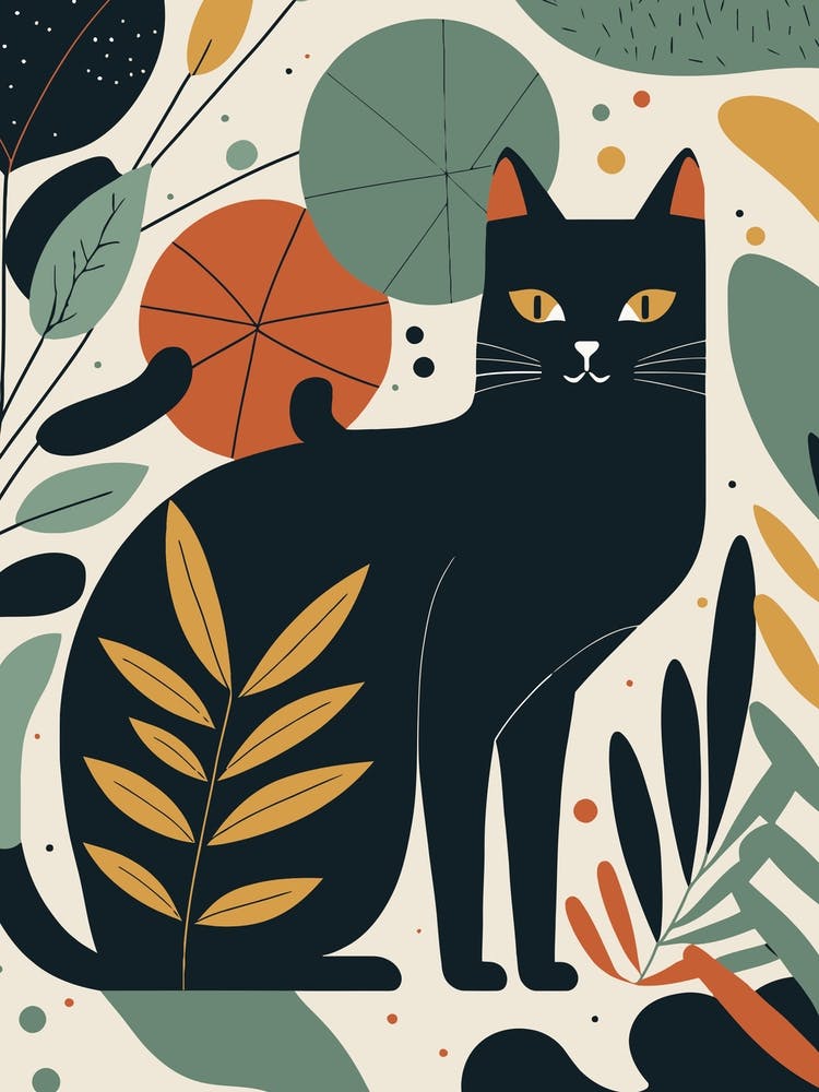 Black Cat With Leaves