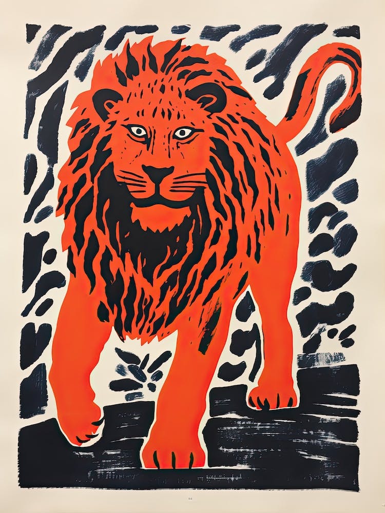 Lion, Woodblock Animal  Drawing 1