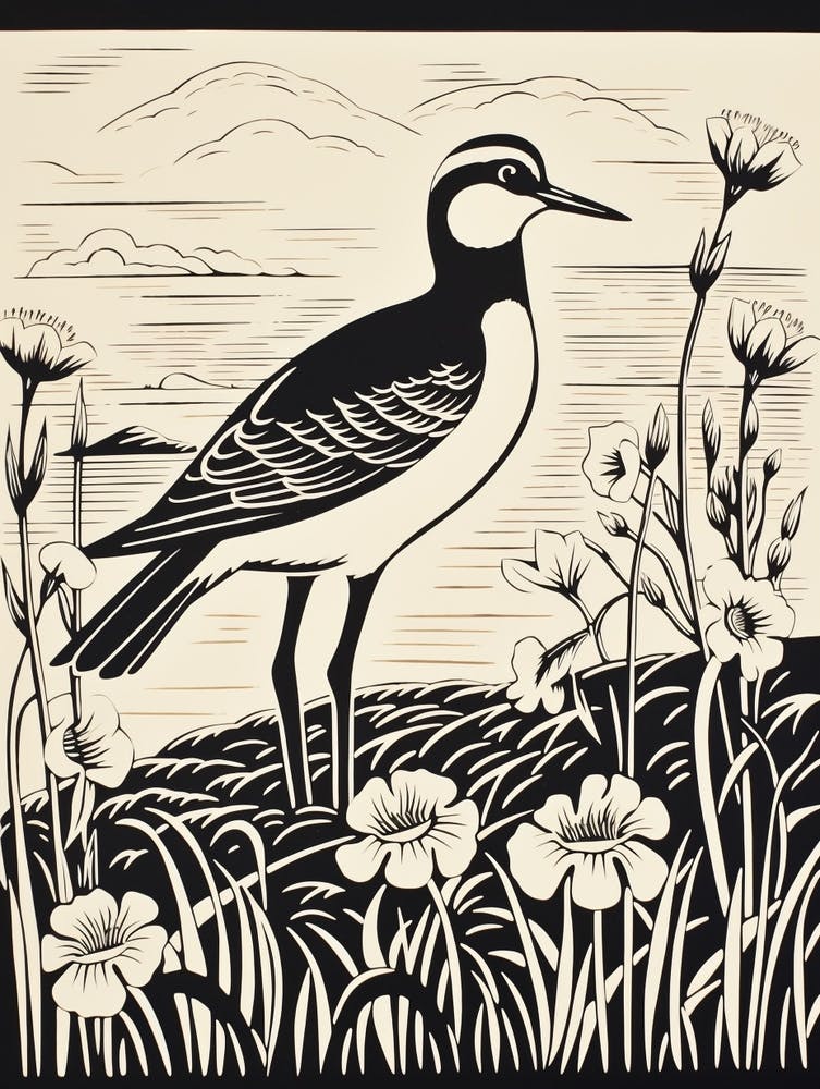 B&W Bird Linocut Lapwing 1