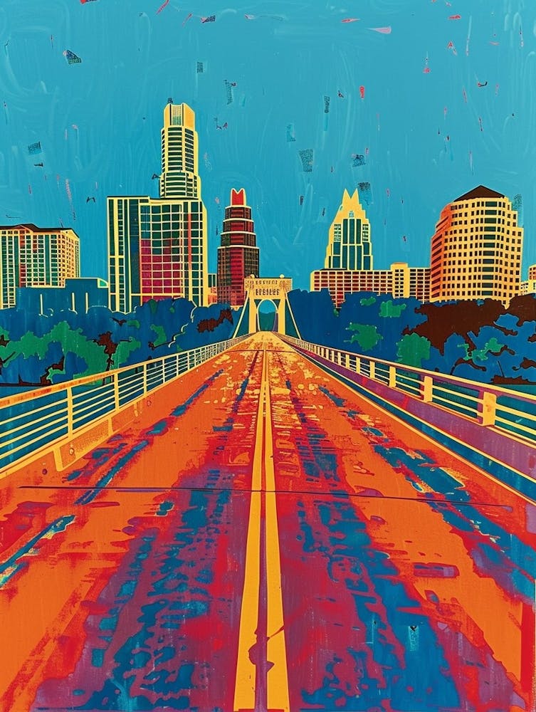 Congress Avenue Bridge Austin Texas Colourful Blockprint 1