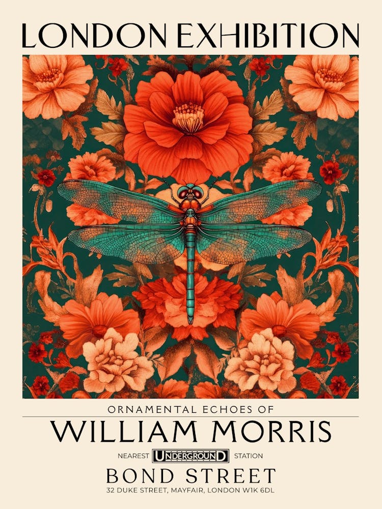 William Morris Dragonfly and floral artwork vibrant colors, insect and flower pattern Botanical vintage print, maximalist wall art living room boho decor, Floral tapestry Victorian style vintage decor 1