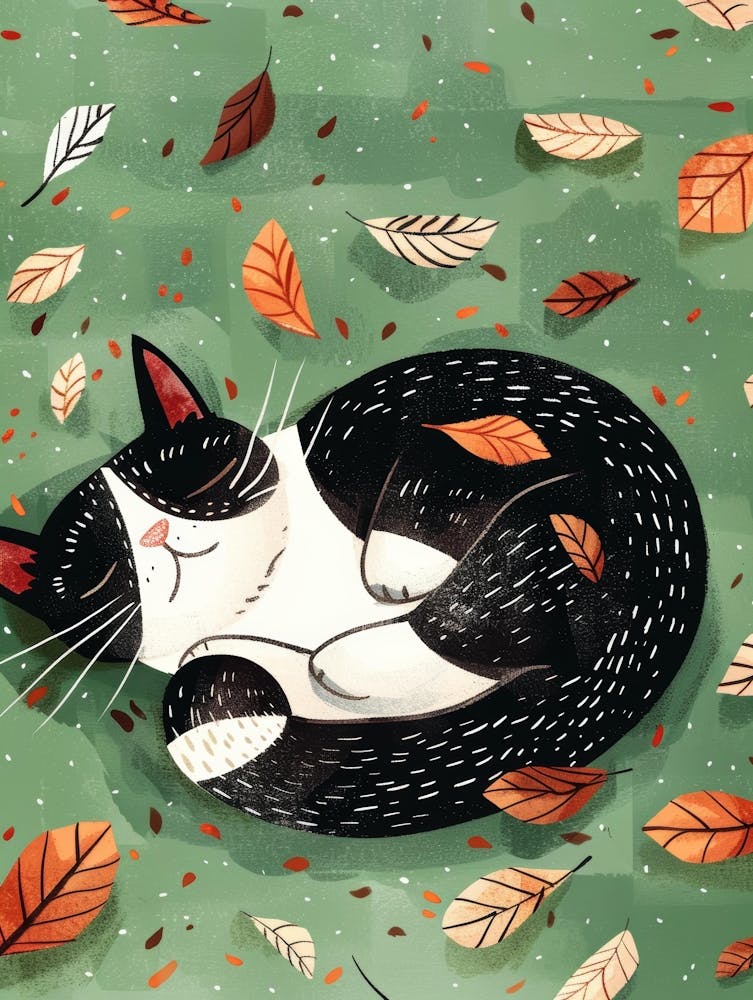 Cat Sleeping In Autumn Leaves