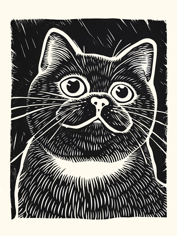 Exotic Shorthair Linocut Blockprint 7