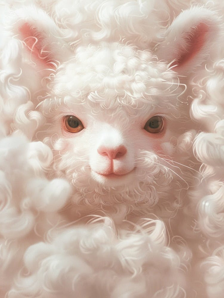 Close Up Of The Head Of A White Super Cute Baby Alpaca With Its Head Buried In White Fluffy Cotton Candy, Big Eyes, Smile Face, Cute, Pink Tone, Cute Character Design, Simplicity Of Detail, Mikko Illustrations Style
