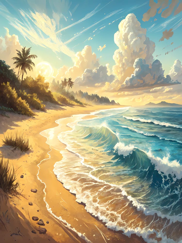 A Sunny Beach with Soft Waves Oil Painting Style