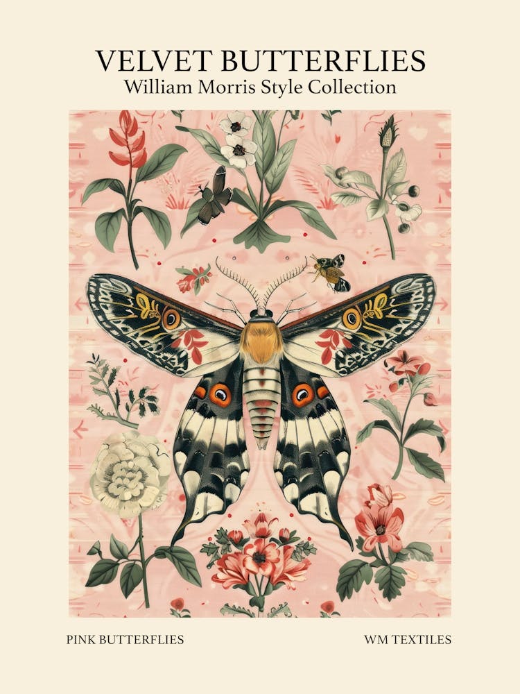 Velvet Butterflies Collection Pink Butterflies William Morris Style 5