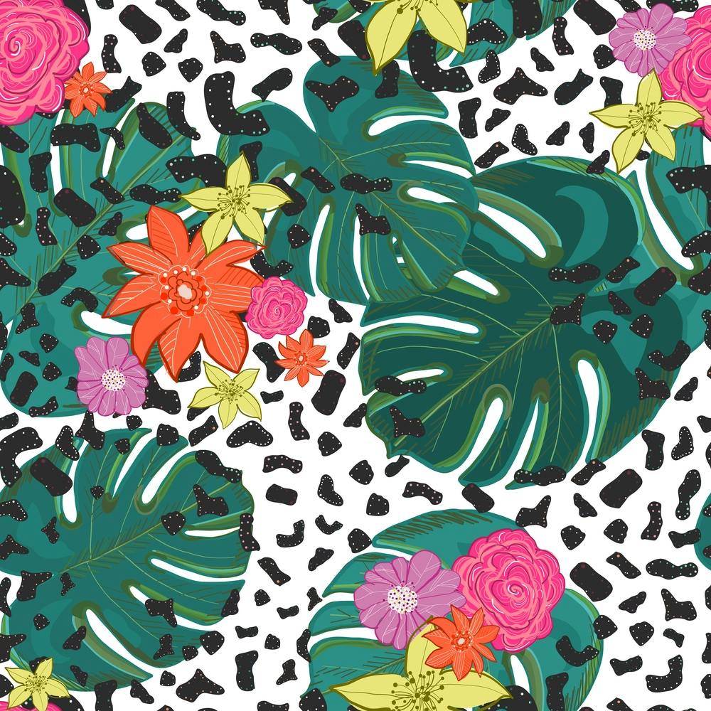 Shining Leopard Detailed Colorful Happy Tropical Flowers Vibrant Pattern Squre Square