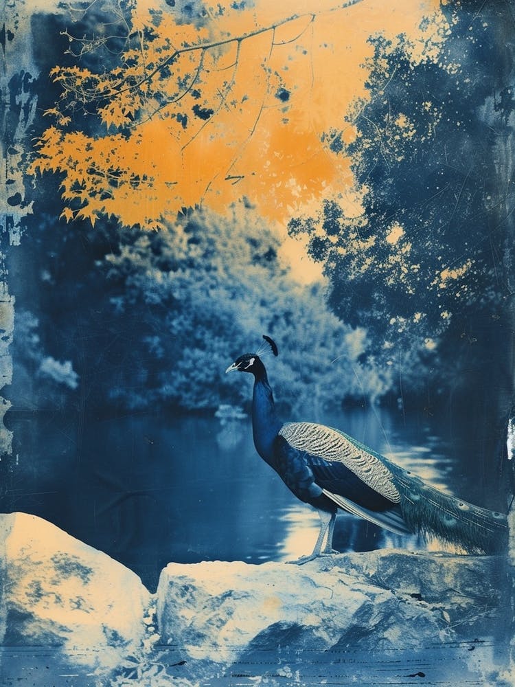 Blue & Orange Peacock By The Lake