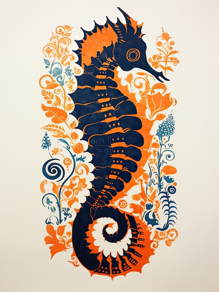 Seahorse, Woodblock Animal Drawing 1