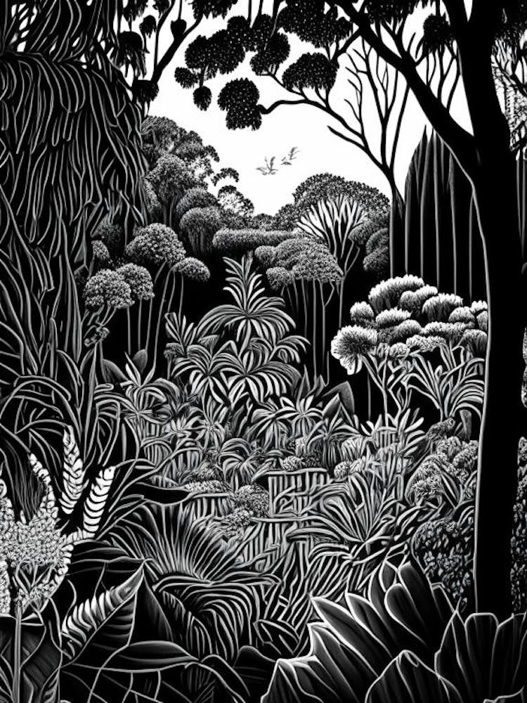 Royal Botanic Gardens, Melbourne, 1, Australia Linocut Black And White Vintage