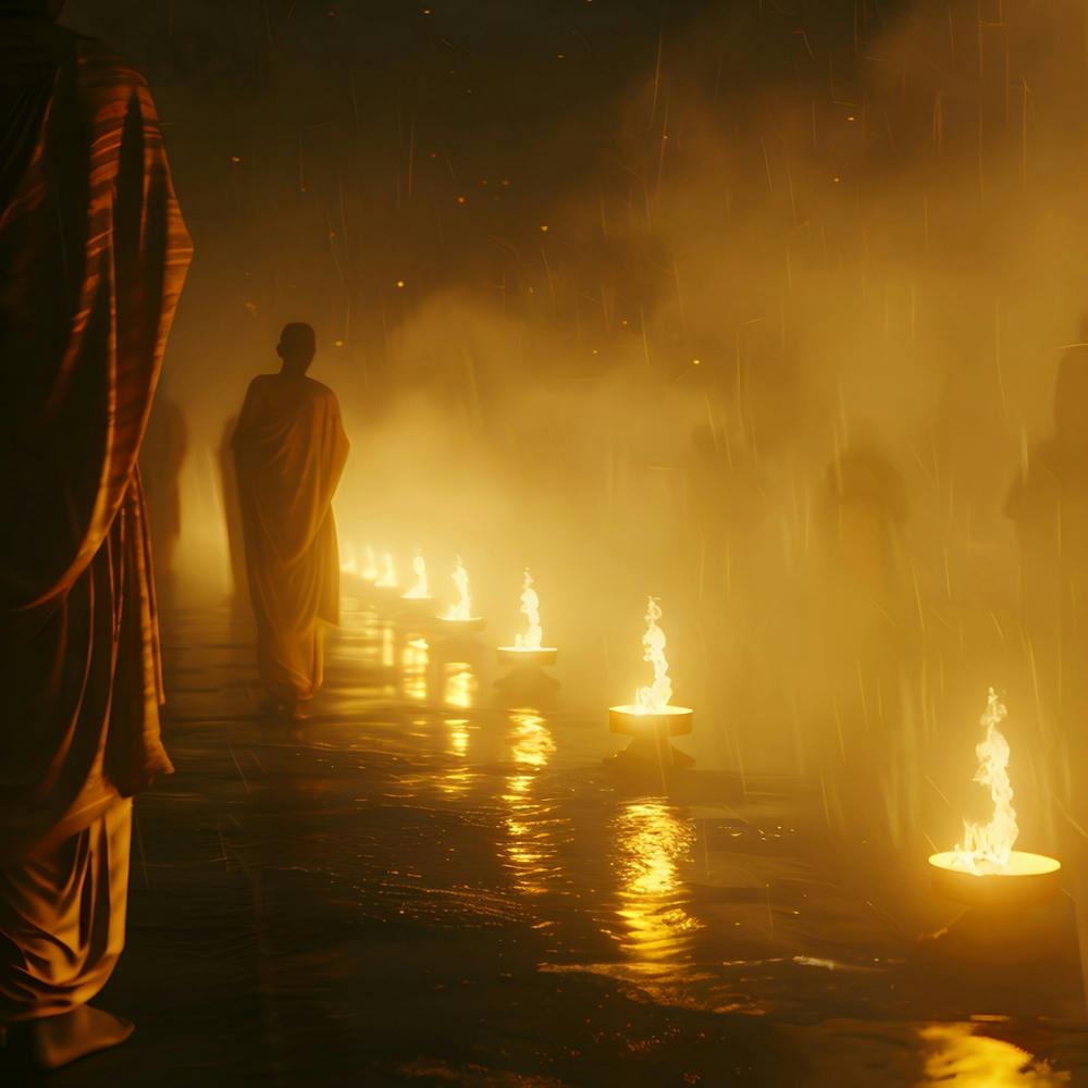 Buddhist Monks In The Rain