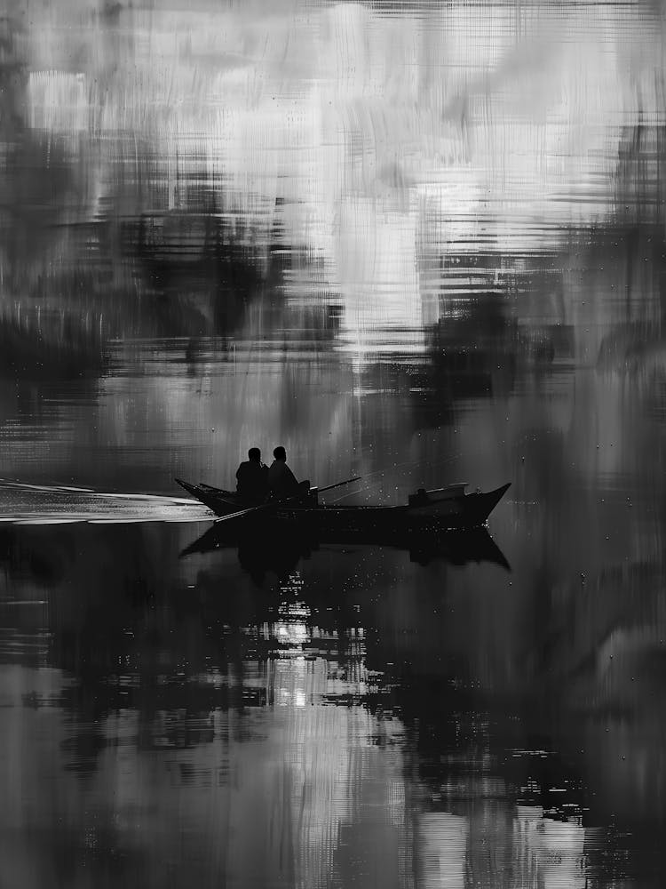 Black And White Photo Of Two People In A Boat