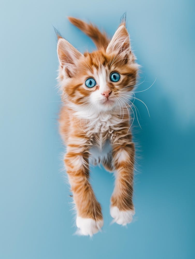 Kitten Jumping On Blue Background