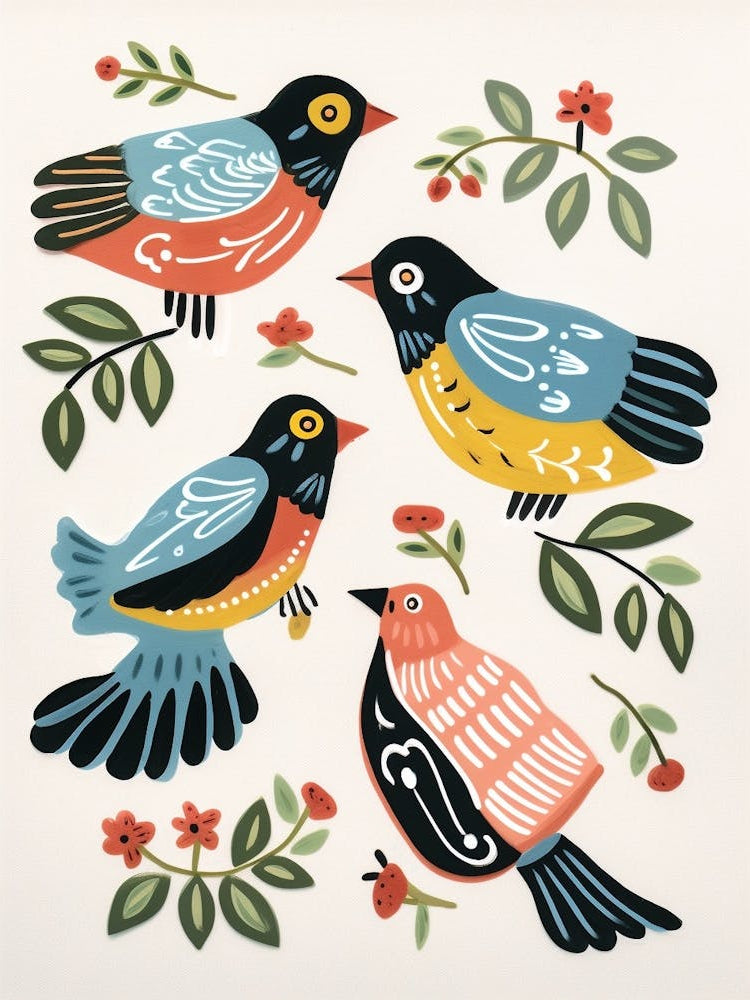 Folk Style Bird Painting House Sparrow