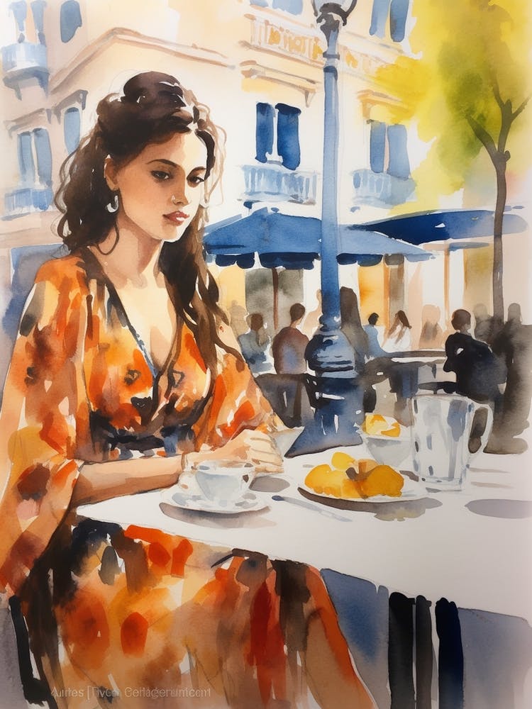 At A Cafe In Bilbao Spain Watercolour