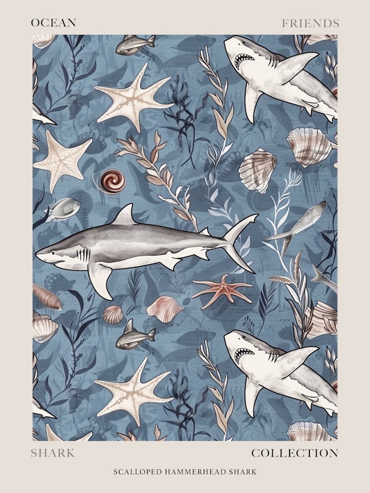 Pastel Blue Scalloped Hammerhead Shark Watercolour Seascape Pattern 1 Poster