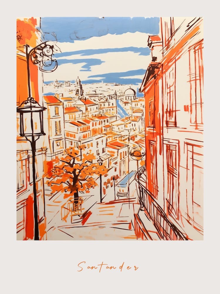 Santander Spain Orange Drawing Poster