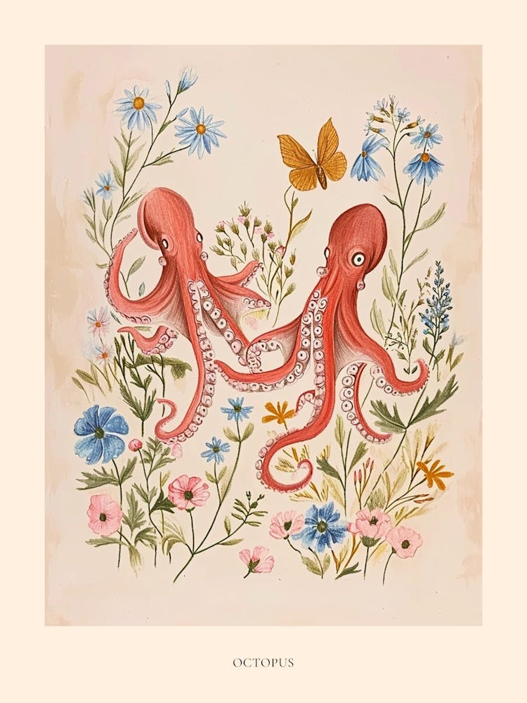 Folksy Floral Animal Drawing Octopus 3 Poster