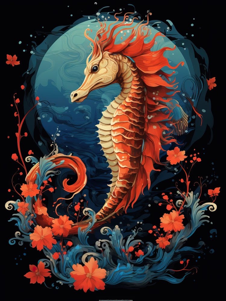 Seahorse Animal Drawing In The Style Of Ukiyo E 1