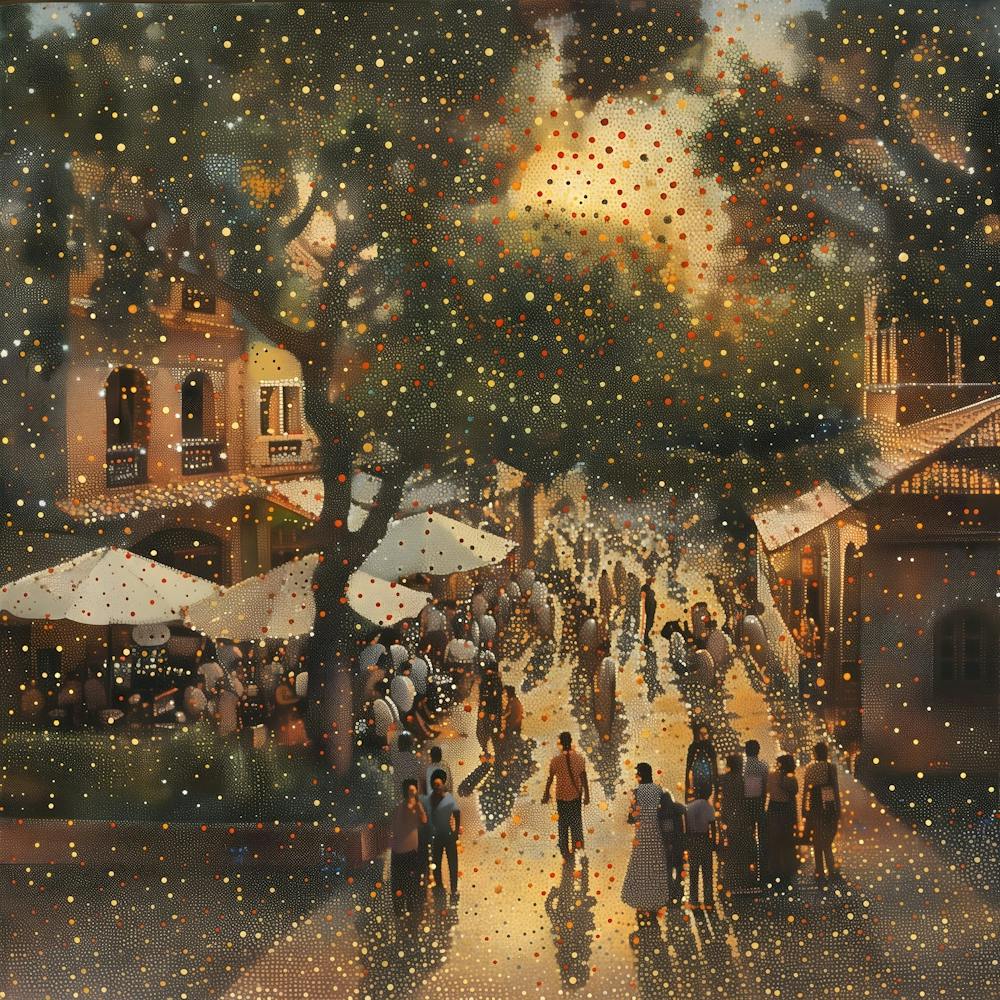Street Scene At Dusk, Tiny Dots, Pointillism