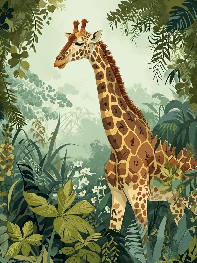 Giraffe With Leaves Colourful Illustration 2