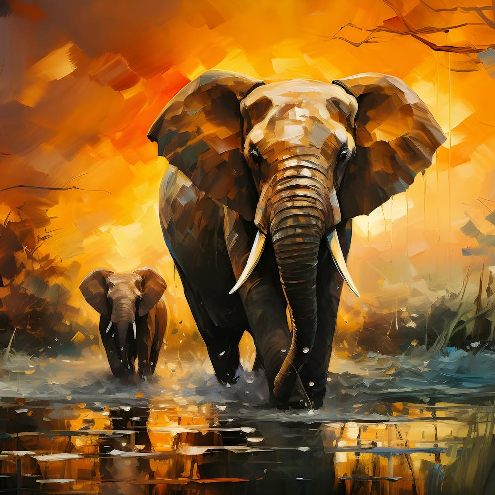 Majestic Elephant Family Wall Art - African Wildlife Painting in Warm Sunset Tones | Modern Safari Decor