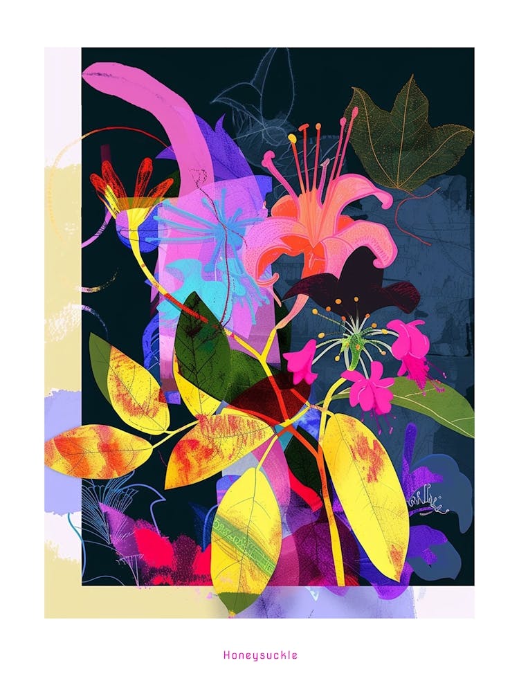Honeysuckle 3 Neon Flower Collage Poster
