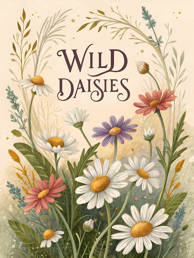Elegant Floral Poster Featuring Wild Daisies Oil Painting Style