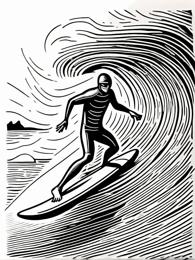 Linocut Black And White Surfer On A Wave art, surfing art, 3